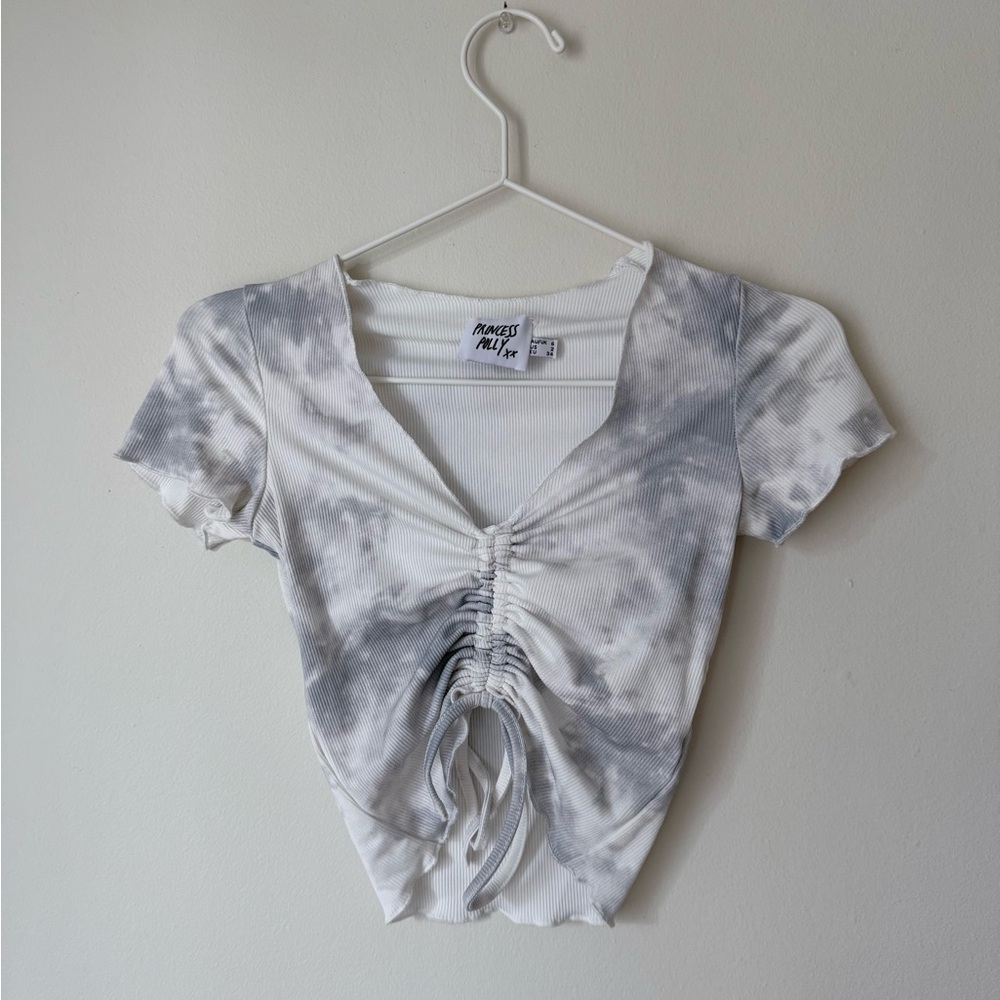 Princess Polly White Tie-Dye Wash Ruched Crop Tee